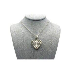 Baroni 925 Sterling Silver Heart Locket Necklace Floral 7.82g 16" Chain
